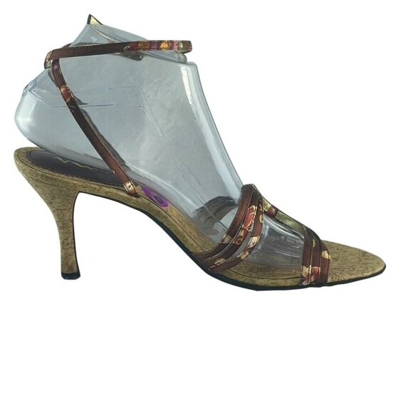 Nina Womens 8.5 Brown & Gold Open-Toe Heels With Ankle Strap - Picture 9 of 11